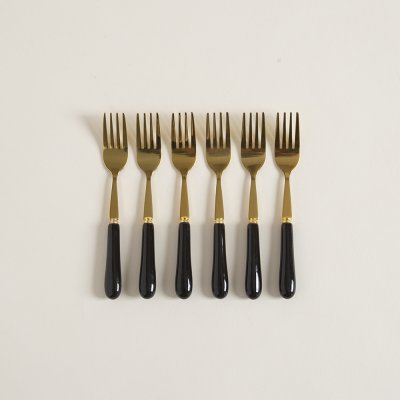 Set x 6 tenedores de acero dorado mango de ceramica negro 15 cm