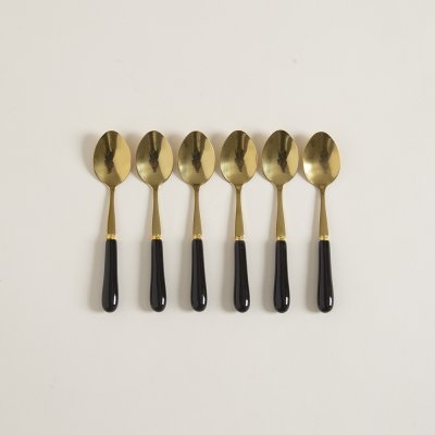 Set x 6 cucharitas de acero dorado mango de ceramica negro