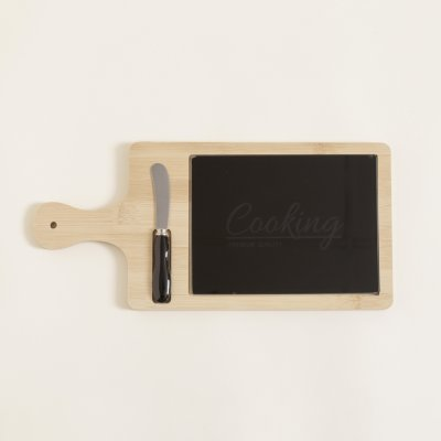 Tabla de quesos bamboo y vidrio negro con cuchillo 38x18 cm