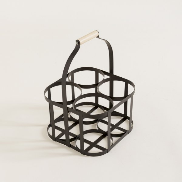 Portabotellas x4 negro c/ manija de madera 22x22x32 cm diam 11cm