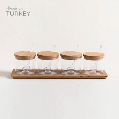 Set x 4 recipientes redondos acrilico tapa de madera 38x10,5 cm