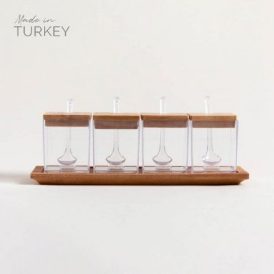 Set x 4 recipientes cuadrados acrilico tapa de madera 32,5x11 cm