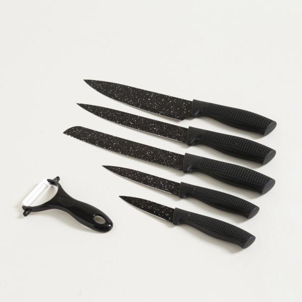 Set x 5 cuchillos hoja granito y mango negro + pela papas