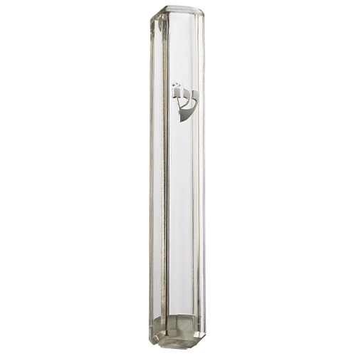 Mezuza transparente 12 cm shin plateada goma abajo