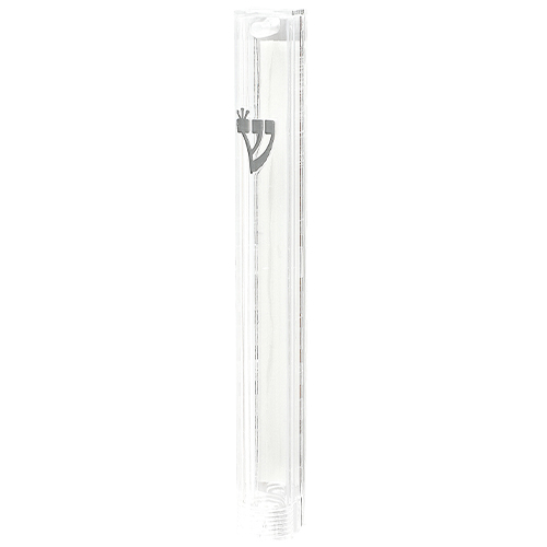 Mezuza 12 cm transparente Shin plateada goma abajo