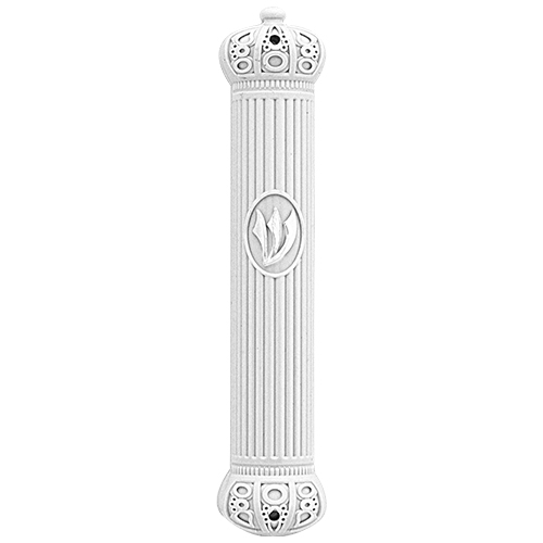 Mezuza 12 cm plastico blanca corona goma abajo