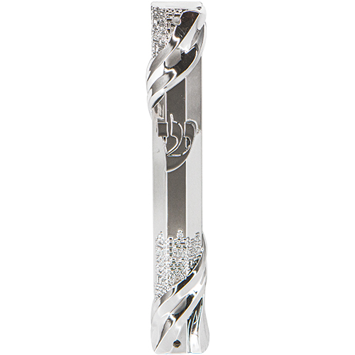 Mezuza 12 cm plastico plateada yerushalaim goma abajo