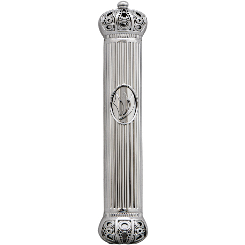 Mezuza 12 cm plastico silver corona goma abajo
