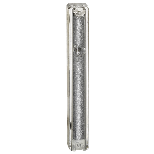 Mezuza 12 cm plastico glitter goma abajo silver shin