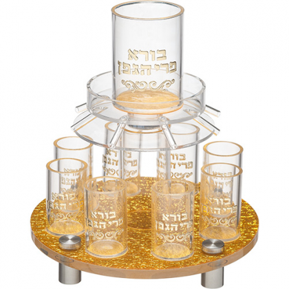 Copa Kidush y cascada acrilico con dorado 8 vasos 20 cm