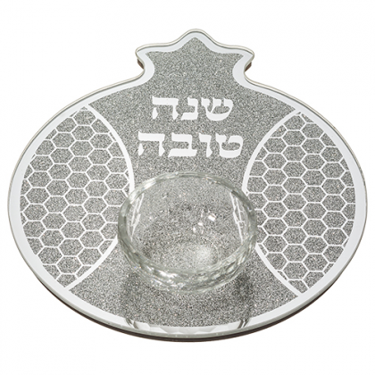 Plato vidrio Rosh Hashana forma granada con mielera