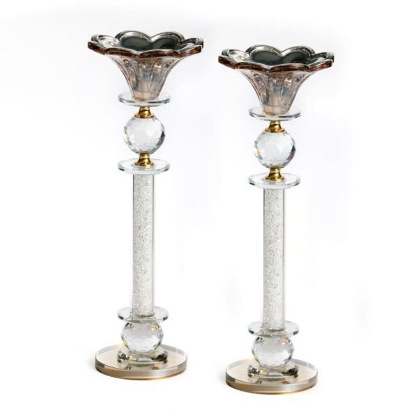 Par de candelabros flores de cristal 32cm alto perlas/ámbar