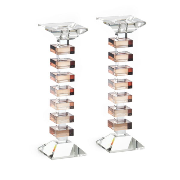 Par de candelabros escalonados de cristal, altura 27 cm