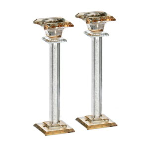 Par de candelabros de cristal perlado color ámbar y plata, altura 24 cm