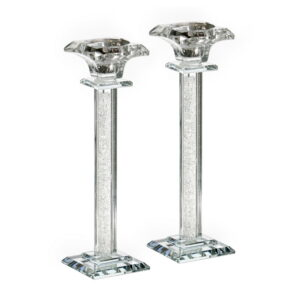 Par de candelabros de cristal perlado plateado, altura 24 cm