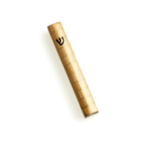 Mezuzah 12cm gold jerusalem stone w/silver wording