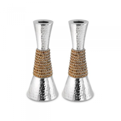 Par candelabros aluminio bañado nickel con piedritas doradas 17 cm altura
