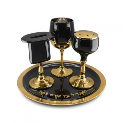 Set Havdala 4 piezas negro y dorado, plato borde dorado